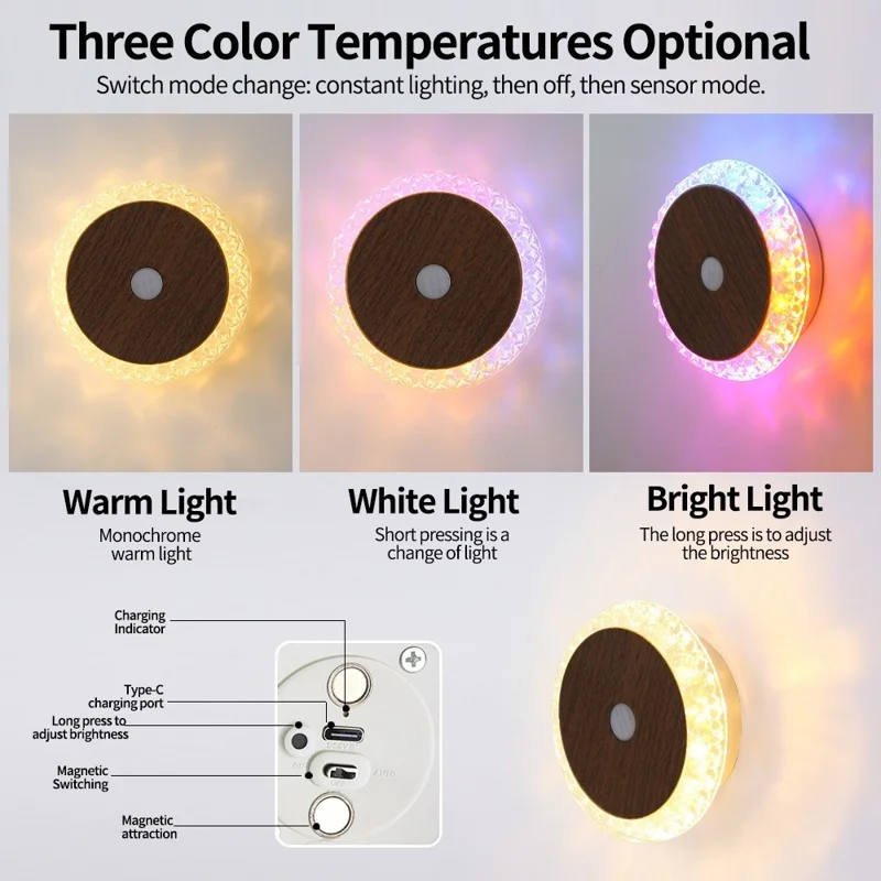 Smart Motion Sensor Night Light 3-Color Dimming Rechargeable LED Wall Lamp with Magnetic Base for Bedroom Hallway - Deep Wood Grain