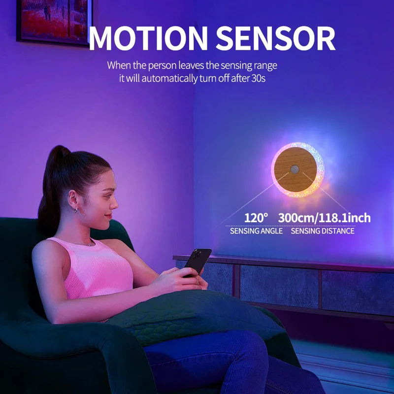 Smart Motion Sensor Night Light 3-Color Dimming Rechargeable LED Wall Lamp with Magnetic Base for Bedroom Hallway - Deep Wood Grain