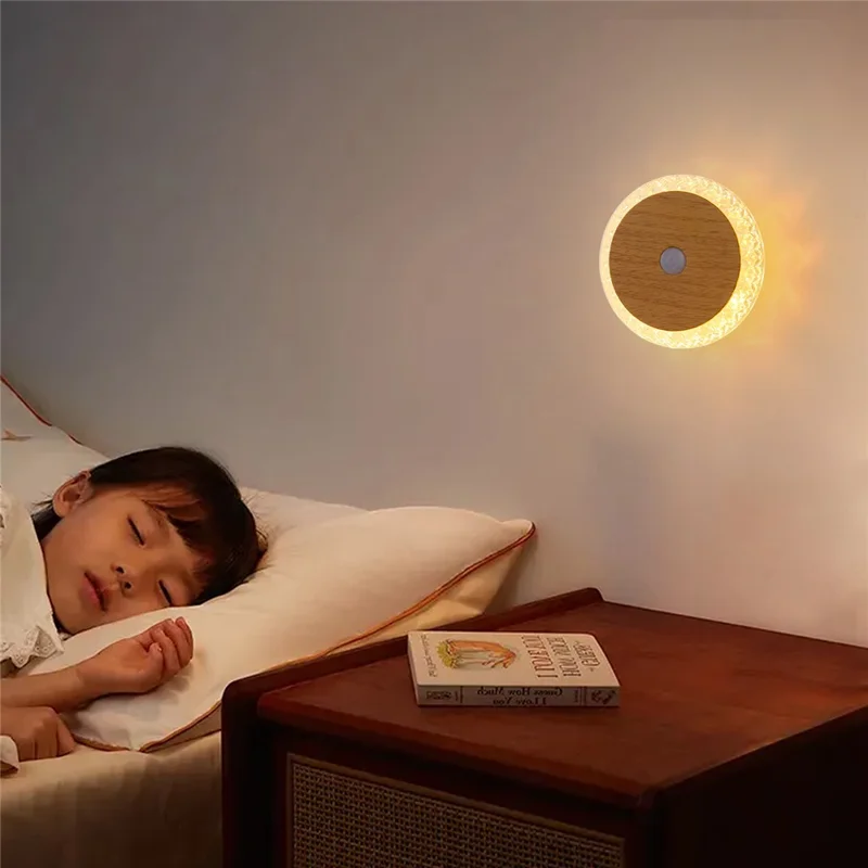 Smart Motion Sensor Night Light 3-Color Dimming Rechargeable LED Wall Lamp with Magnetic Base for Bedroom Hallway - Deep Wood Grain