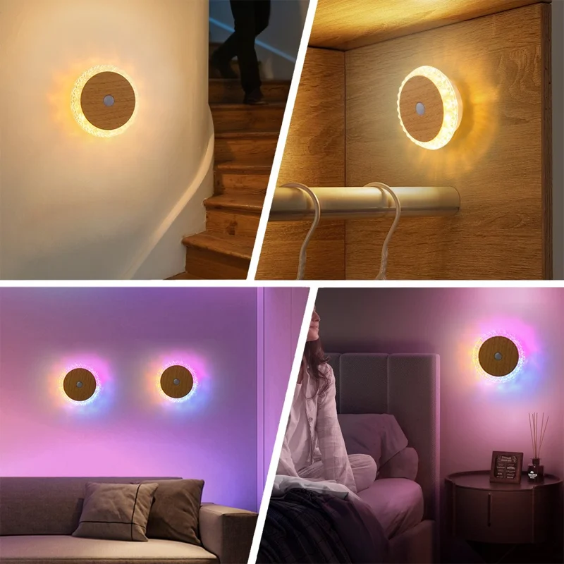 Smart Motion Sensor Night Light 3-Color Dimming Rechargeable LED Wall Lamp with Magnetic Base for Bedroom Hallway - Deep Wood Grain