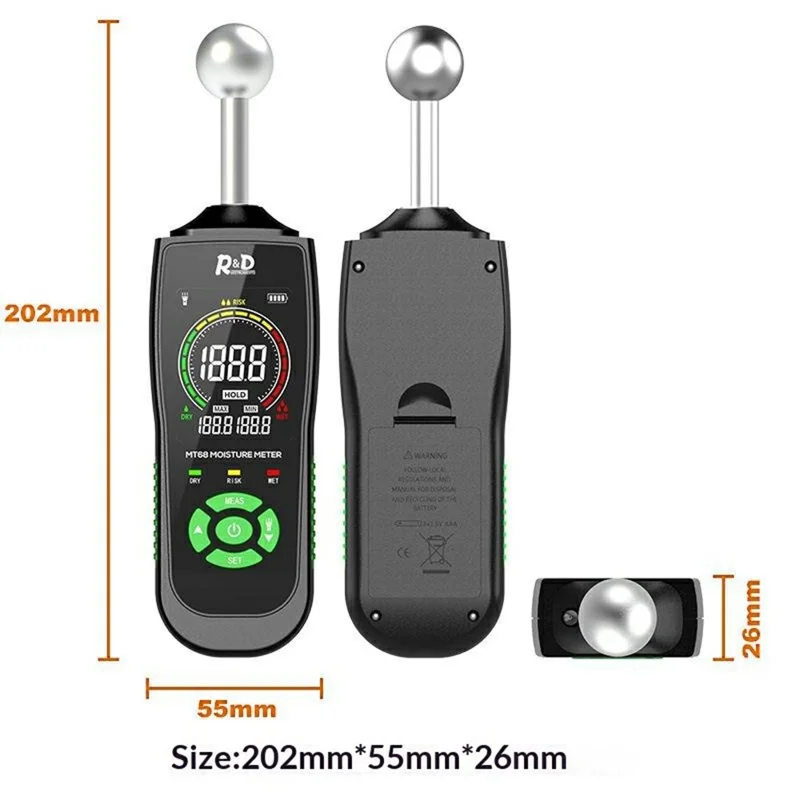 R&D MT68 Spherical Sensor Moisture Meter Non-Destructive Induction Wood Wall Floor Humidity Detector (without Battery)