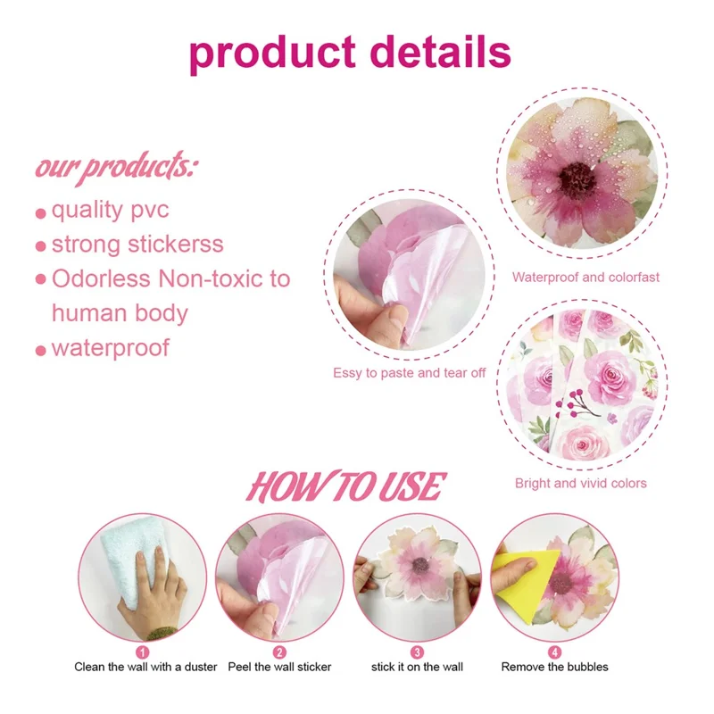 SCHHQT01-04 4Pcs / Set Flowers Wall Decor Sticker for Bedroom Decal Wallpaper (with EN71 Certification)