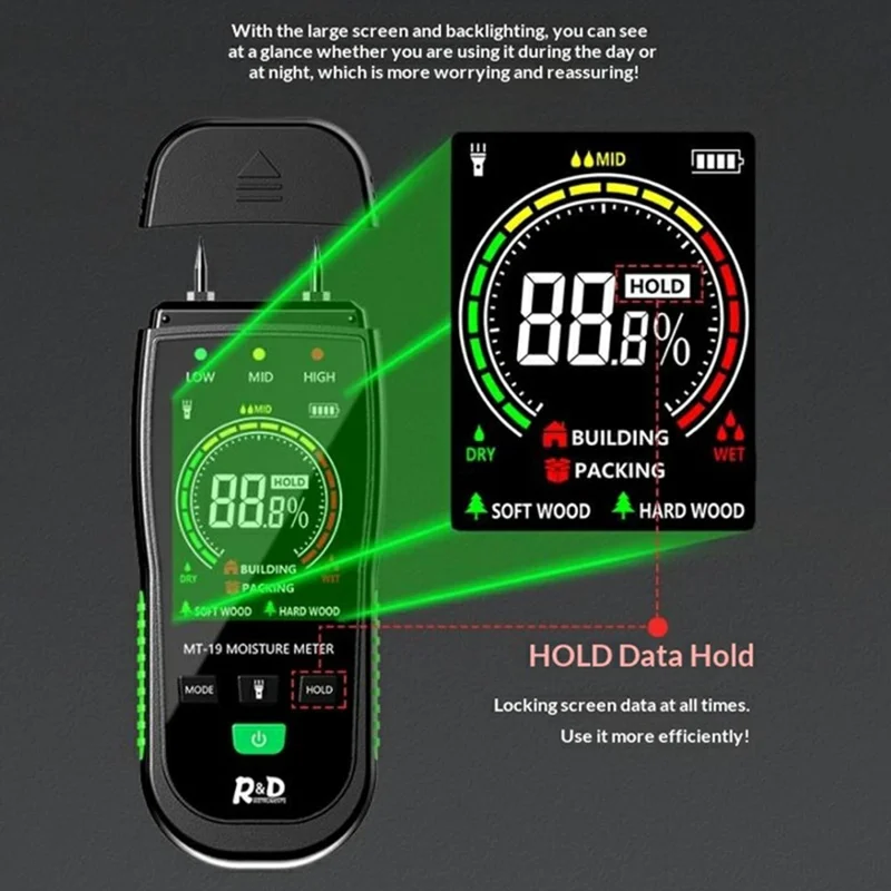 R&D MT-19C Wood Moisture Meter Digital LCD Moisture Detector for Timber Paper Building Materials (without Battery)