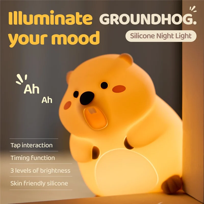 A077 Silicone Night Light Groundhog Shape 3-Level Touch Control 1200mAh 30min Timer