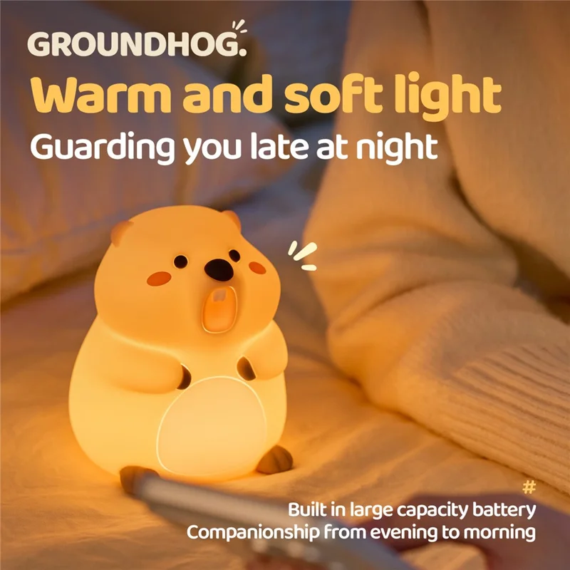 A077 Silicone Night Light Groundhog Shape 3-Level Touch Control 1200mAh 30min Timer