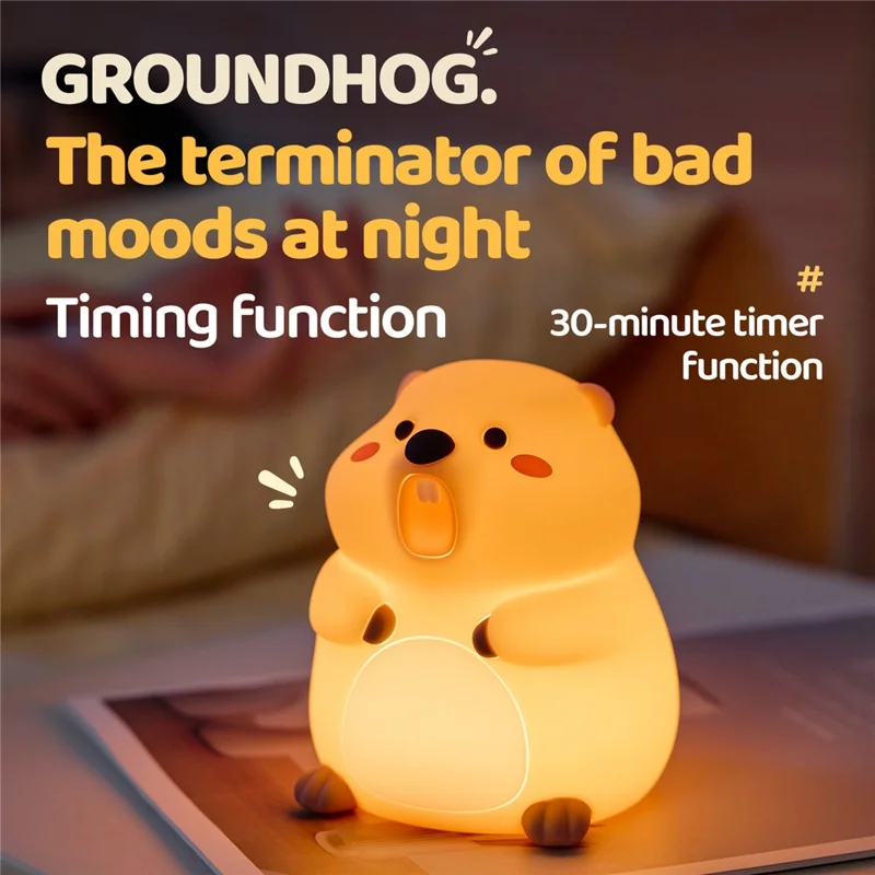 A077 Silicone Night Light Groundhog Shape 3-Level Touch Control 1200mAh 30min Timer