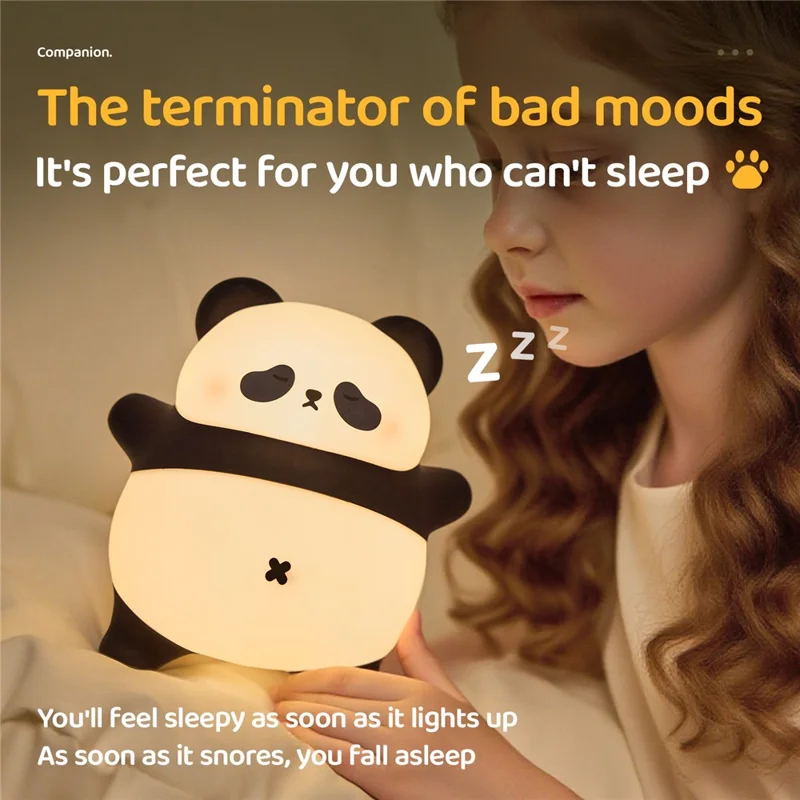 A071 Veilleuse Panda en Silicone avec Son de Ronflement Lampe de Sommeil Tactile Douce pour Chambre