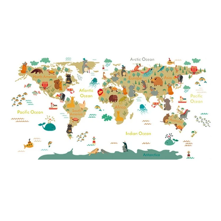 KM265 2 Feuilles / Set Home Wall Decors Cartoon Animal World Map Wall Stickers For Children Living Room (sans Certification En71)