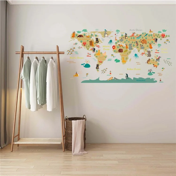 KM265 2 Feuilles / Set Home Wall Decors Cartoon Animal World Map Wall Stickers For Children Living Room (sans Certification En71)