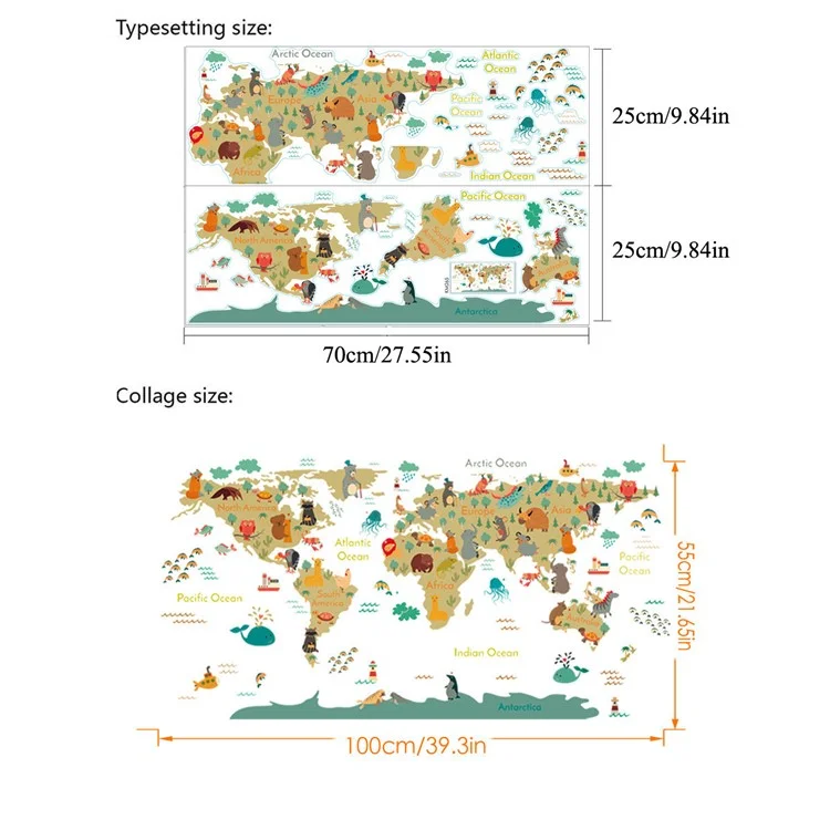 KM265 2 Hojas / Establecer Decoraciones de la Pared de la Casa Cartoon Animal World Map Peginas de Pared Para la Sala de Estar de Los Niños (sin Certificación En71)