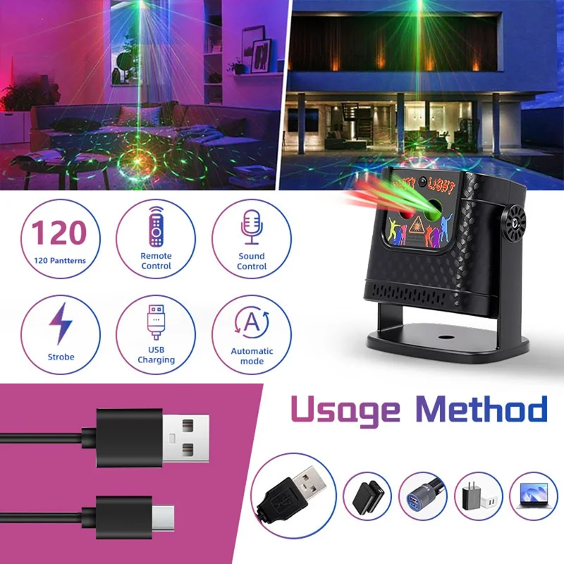 Мини-проектор R30, красный и зеленый лазер, 120 режимов, вращающийся, с пультом и звуковым управлением, атмосферная сценическая подсветка — черный