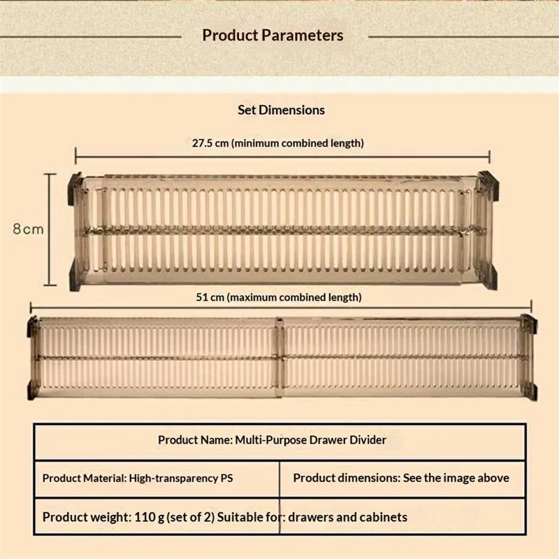 2 pièces de séparateurs de tiroir ajustables 27,5-51 cm, séparateurs de rangement extensibles pour armoires de cuisine, transparent/noir