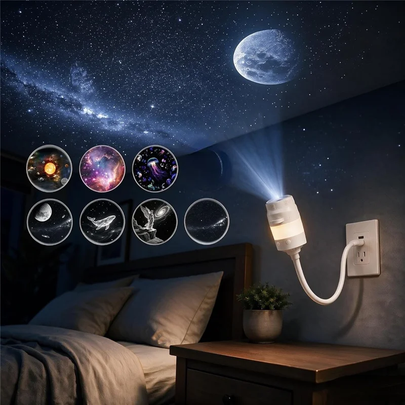 USB-Galaxie-Projektor-Nachtlicht mit 7 wechselbaren Sternenscheiben, 360-Grad-verstellbarem Gänsehals-Projektionslampe für Kinderzimmer