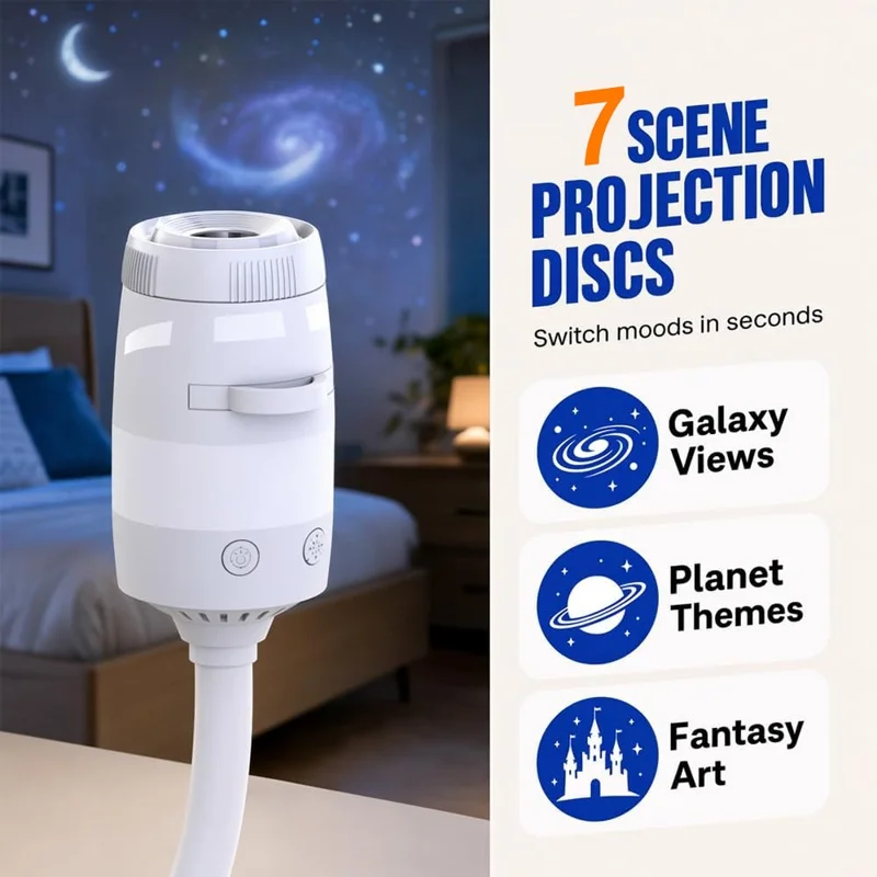 USB-Galaxie-Projektor-Nachtlicht mit 7 wechselbaren Sternenscheiben, 360-Grad-verstellbarem Gänsehals-Projektionslampe für Kinderzimmer