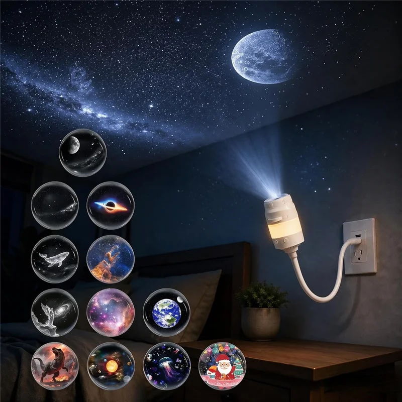 USB Galaxy Projector Night Light with 13 Replaceable Star Discs 360 Degree Adjustable Gooseneck Projection Lamp for Kids Room