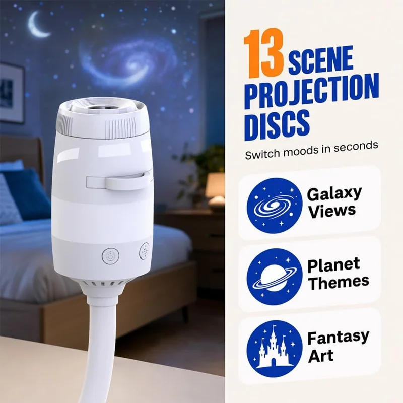 USB Galaxy Projector Night Light with 13 Replaceable Star Discs 360 Degree Adjustable Gooseneck Projection Lamp for Kids Room