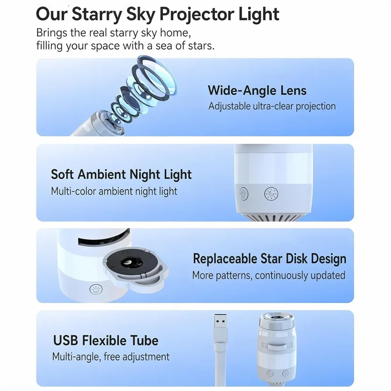 USB Galaxy Projector Night Light with 13 Replaceable Star Discs 360 Degree Adjustable Gooseneck Projection Lamp for Kids Room