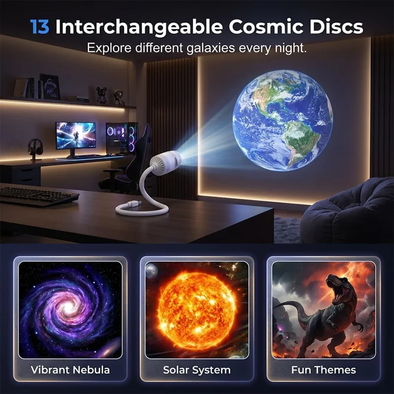 USB Galaxy Projector Night Light with 13 Replaceable Star Discs 360 Degree Adjustable Gooseneck Projection Lamp for Kids Room