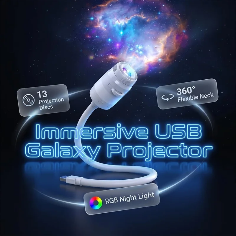 USB Galaxy Projector Night Light with 13 Replaceable Star Discs 360 Degree Adjustable Gooseneck Projection Lamp for Kids Room