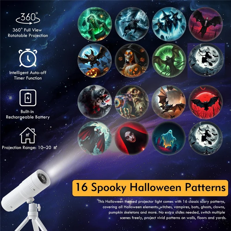 XO-737 Halloween Projection Lamp 16 Patterns LED Atmosphere Projector with Detachable Tripod for Home Party Decoration - White