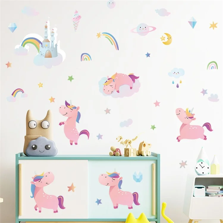 HY4020 4pcs / Set Cartoon Horse Pink With Rainbows Wall Stickers DIY Mural Art Decor For Kids Room Girl Bedroom Wall Decals (pas de Certification En71)