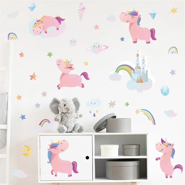 HY4020 4Pcs / Set Cartoon Pink Horse with Rainbows Wall Stickers DIY Mural Art Decor for Kids Room Girl Bedroom Wall Decals (No EN71 Certification)