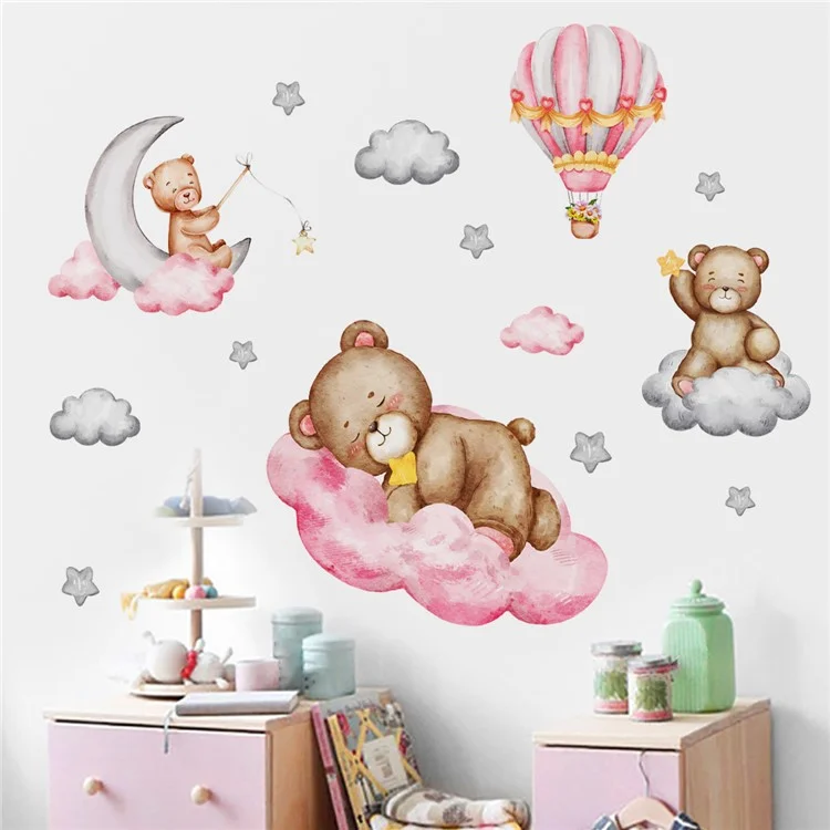 ms1645 Cartoon Pink Cloud Bear Wall Stickers for Kids Room Girl Bedroom Wall Decals Decorative Stickers (No EN71 Certification)