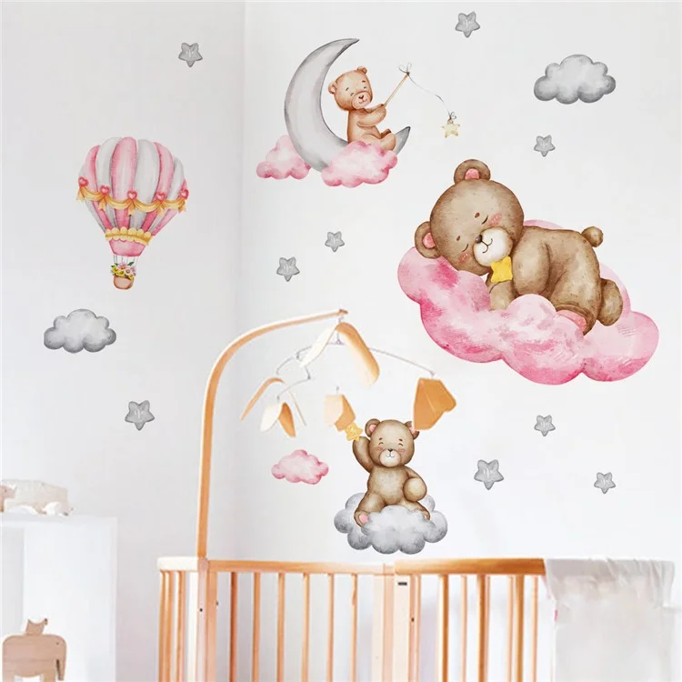 ms1645 Cartoon Pink Cloud Bear Wall Stickers for Kids Room Girl Bedroom Wall Decals Decorative Stickers (No EN71 Certification)