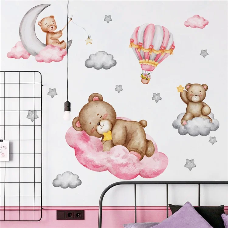 ms1645 Cartoon Pink Cloud Bear Wall Stickers for Kids Room Girl Bedroom Wall Decals Decorative Stickers (No EN71 Certification)