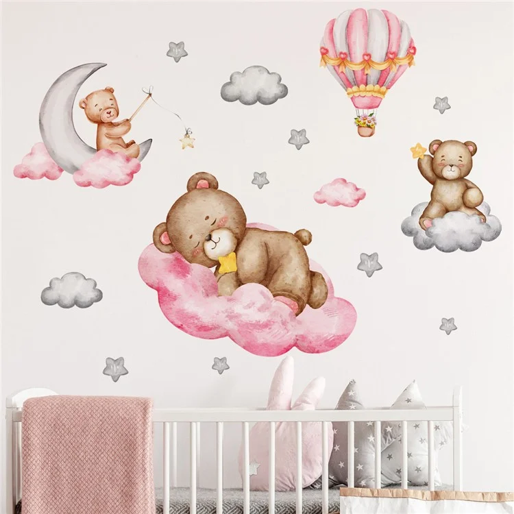 ms1645 Cartoon Pink Cloud Bear Wall Stickers per Bambini Stanza da Letto Ragazze Adesivi Decorativi per Pareti (Nessuna Certificazione EN71)