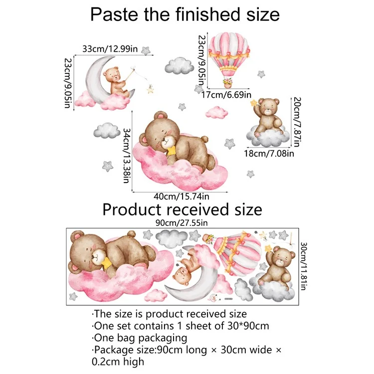 ms1645 Cartoon Pink Cloud Bear Wall Stickers per Bambini Stanza da Letto Ragazze Adesivi Decorativi per Pareti (Nessuna Certificazione EN71)