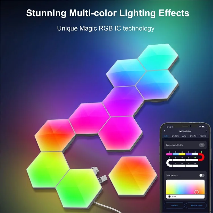 LIXINCORDA 6Pcs RGBIC LED Wall Lamp with Smart APP Voice Control DIY Hexagonal Honeycomb LED Light (Tuya WiFi Version)