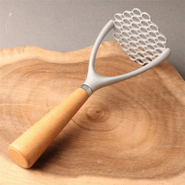 Manual Potato Masher Aluminum Alloy Pumpkin Fruit Masher Presser with Wooden Grip (No FDA, BPA Free)