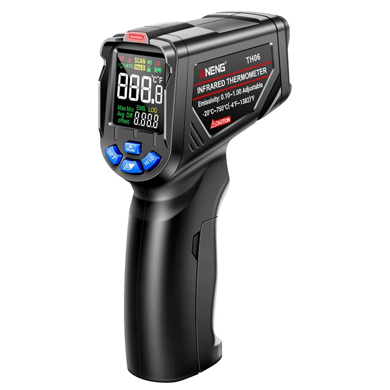 ANENG TH06 Digital Infrared Thermometer Temperature Gun -20 - 750 Degrees Celsius Handheld Non Contact Reverse Screen Industrial Tool - Black