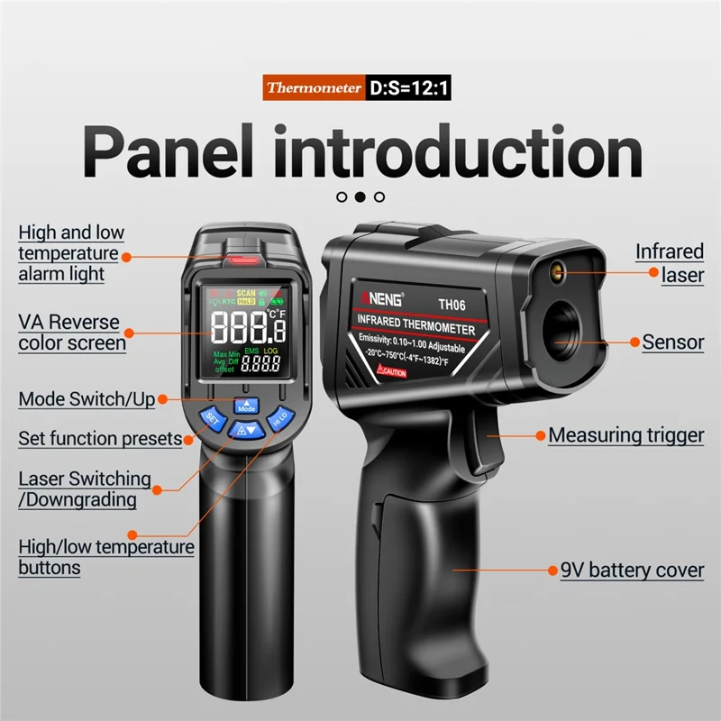 ANENG TH06 Digital Infrared Thermometer Temperature Gun -20 - 750 Degrees Celsius Handheld Non Contact Reverse Screen Industrial Tool - Black