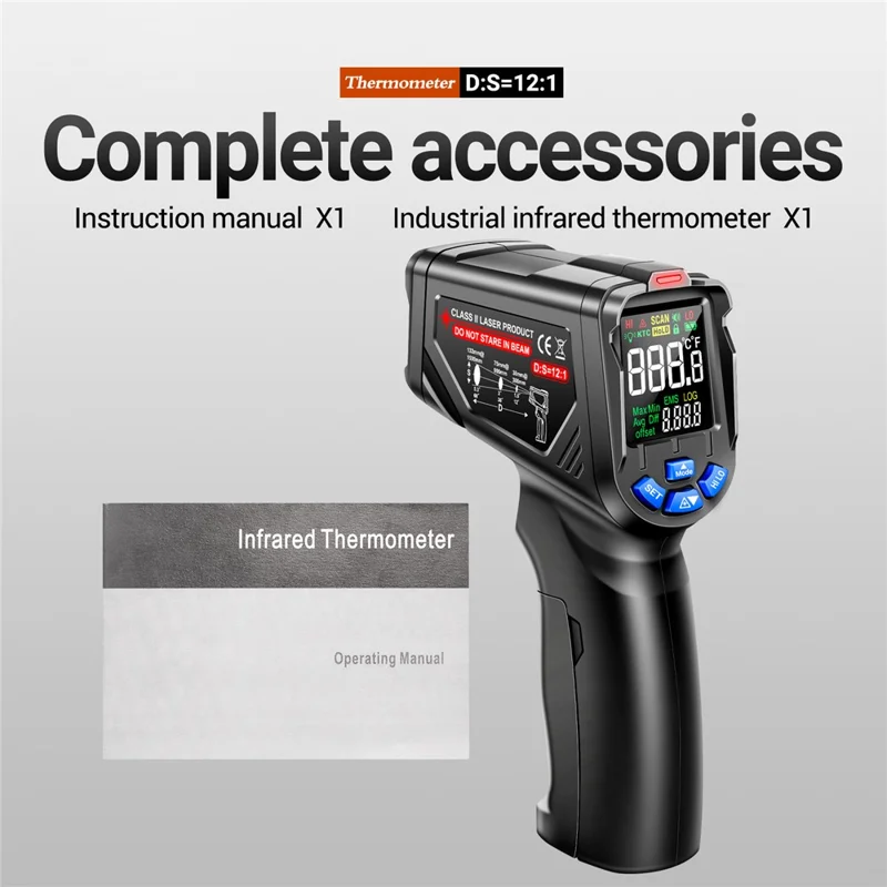 ANENG TH06 Digital Infrared Thermometer Temperature Gun -20 - 750 Degrees Celsius Handheld Non Contact Reverse Screen Industrial Tool - Black