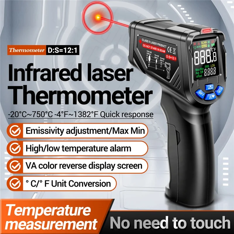 ANENG TH06 Digital Infrared Thermometer Temperature Gun -20 - 750 Degrees Celsius Handheld Non Contact Reverse Screen Industrial Tool - Black