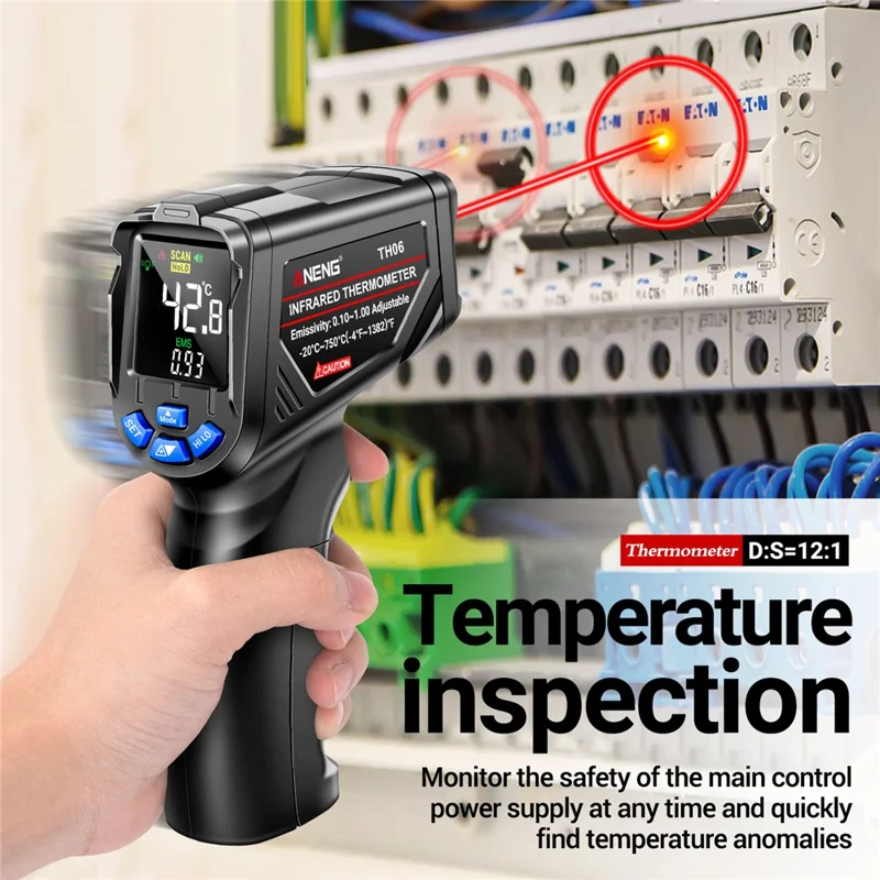 Aneng Th06 Pistola de Temperatura Del Termómetro Infrarrojo Digital -20 ° a 750 ° Holpación Industrial de Pantalla de Interricio - Negro