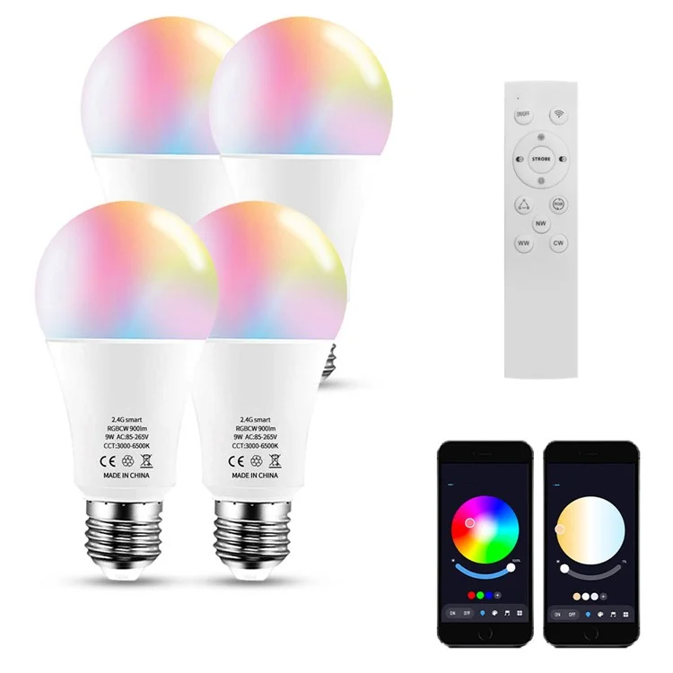 4 unidades / Conjunto da lâmpada inteligente Bluetooth Tuya RGBCW de cor completa com controle de aplicativo e controle remoto