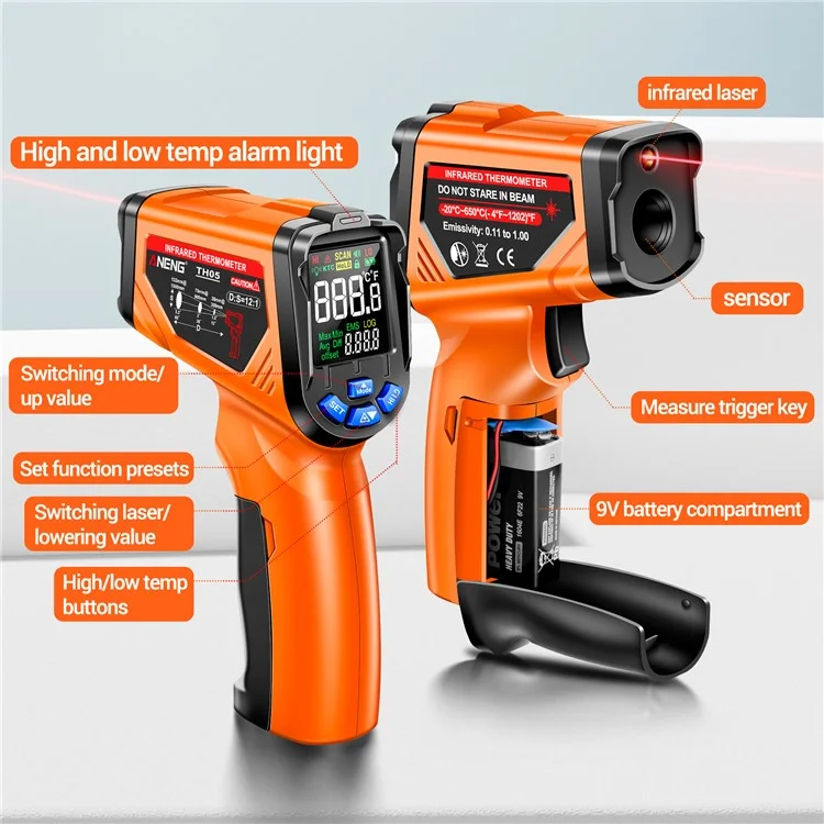 ANENG TH05 Portable Infrared Thermometers Handheld -20~650 Degree Temp Measurement with Digital Display - Orange