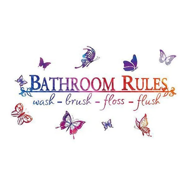 YJ300 Bathroom Rules Butterflies Self-Adhesive Wall Sticker PVC Mural Art Removable Decal, 30x66cm (ST)