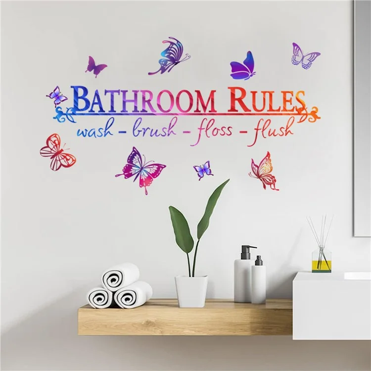 YJ300 Bathroom Rules Butterflies Self-Adhesive Wall Sticker PVC Mural Art Removable Decal, 30x66cm (ST)