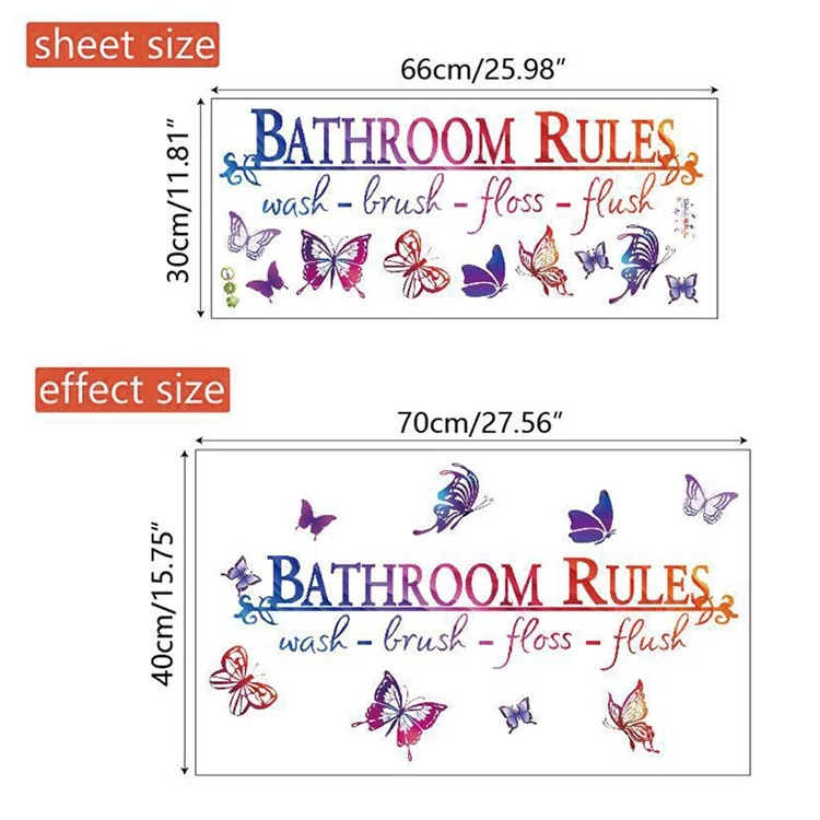 YJ300 Bathroom Rules Butterflies Self-Adhesive Wall Sticker PVC Mural Art Removable Decal, 30x66cm (ST)