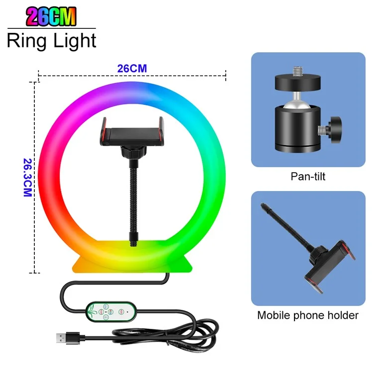 Lampe d'éclairage vidéo LED RGB pour Vlogging de 26 cm de diamètre, Anneau lumineux Selfie, Diffuseur de lumière pour émission en direct, Taille : L