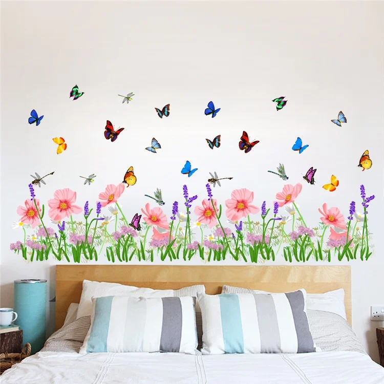 2Pcs  /  Set 25*66cm Beautiful Flower and Butterfly Pattern Wall Sticker PVC Decal Self-adhesive Wallpaper (ST)