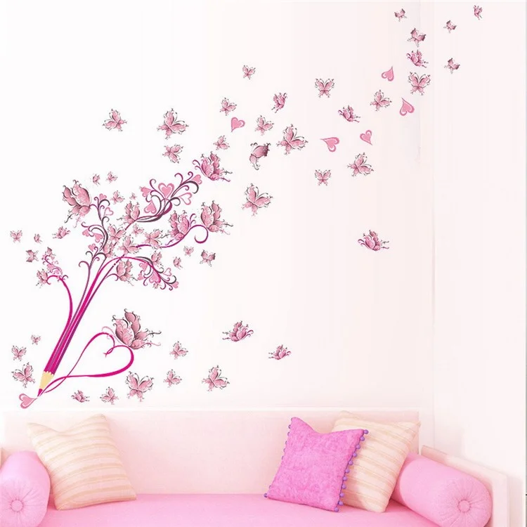 ZY072 45*60cm Pink Butterflies and Pencil Pattern PVC Decal Wall Sticker Living Room Bedroom Decor (ST)