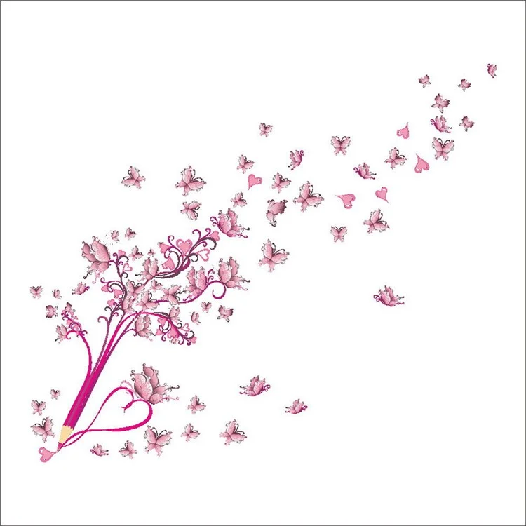 ZY072 45*60cm Pink Butterflies and Pencil Pattern PVC Decal Wall Sticker Living Room Bedroom Decor (ST)