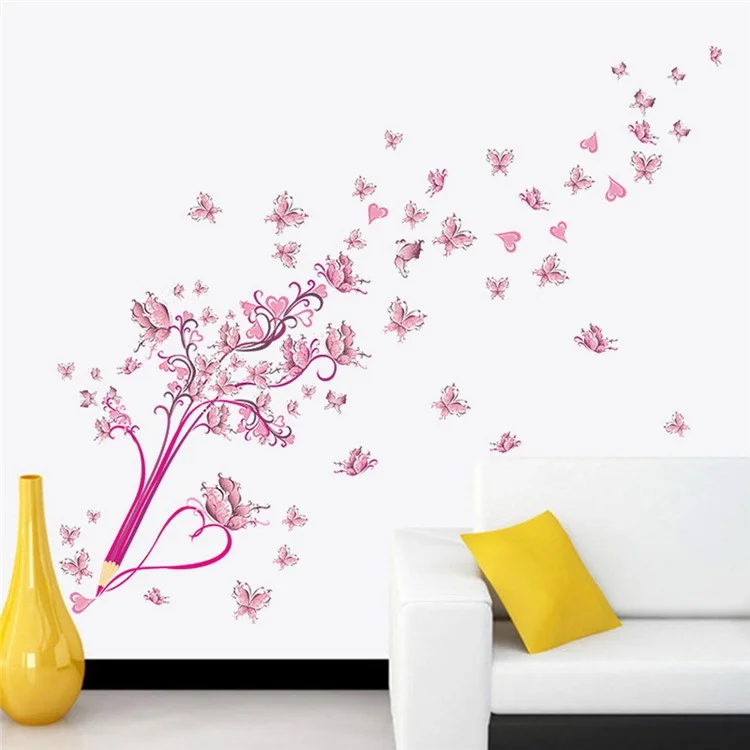 ZY072 45*60cm Pink Butterflies and Pencil Pattern PVC Decal Wall Sticker Living Room Bedroom Decor (ST)