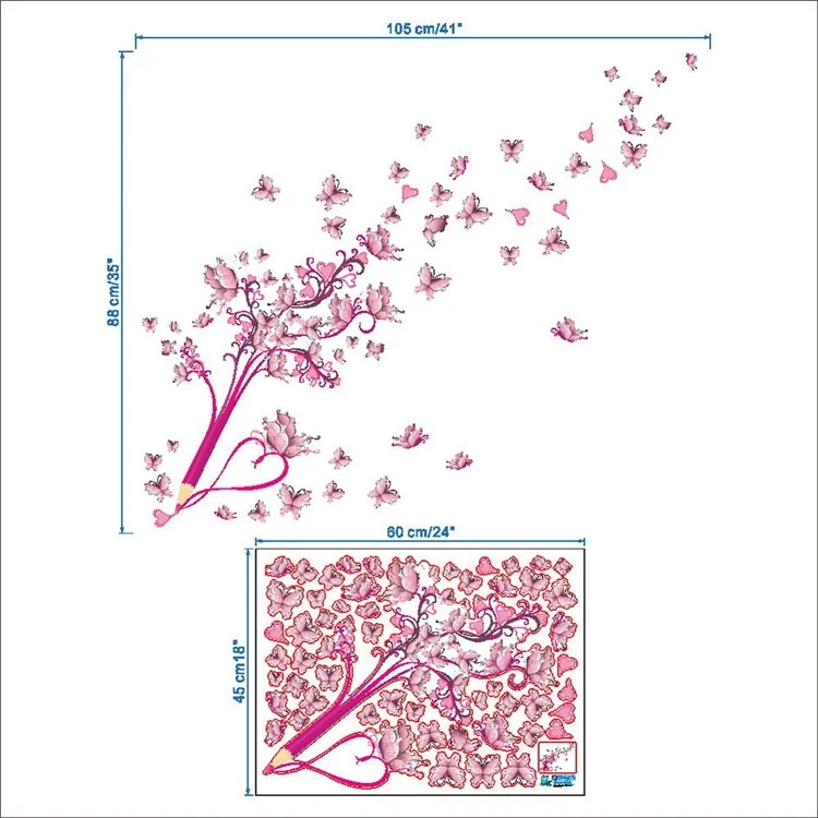 ZY072 45*60 cm Rosa Schmetterlinge Und Bleistiftmuster PVC -aufkleber -wandaufkleber Wohnzimmer Schlafzimmerdekor (st)