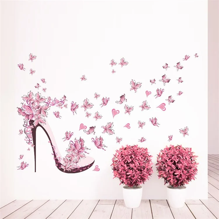 ZY073 45*60cm Pink Butterflies and High Heel Pattern PVC Decal Living Room Background Wall Sticker (ST)
